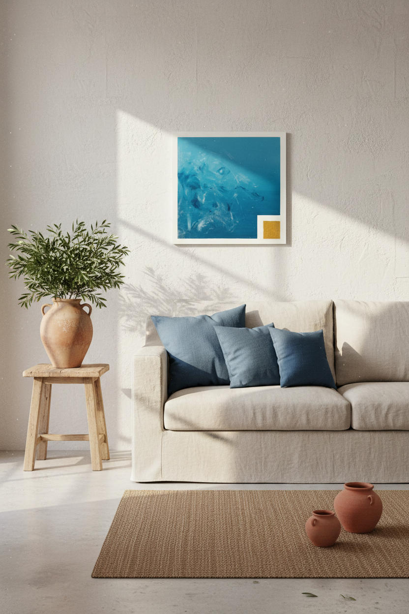 Melodies of the Sun in mediterraan geïnspireerde woonkamer met gouden zonlicht