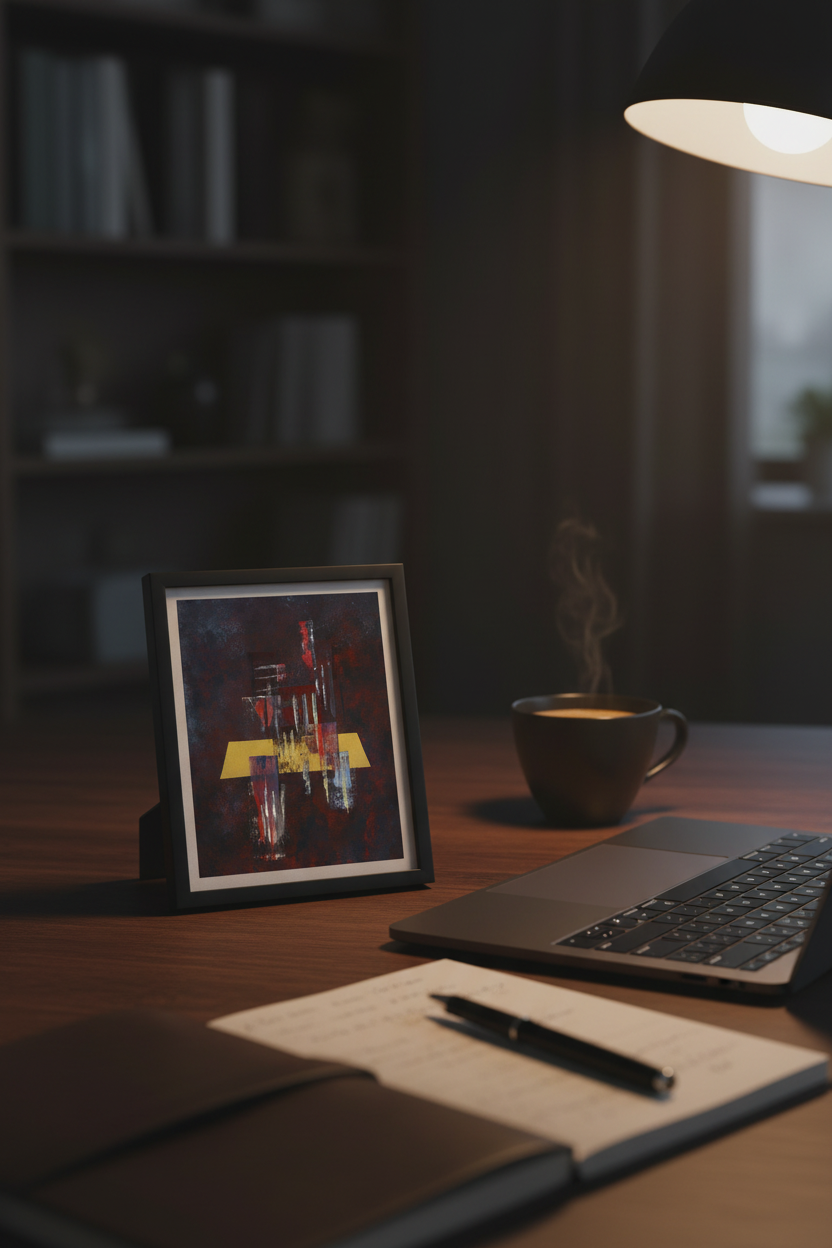 Night art print A6 klein formaat op bureau