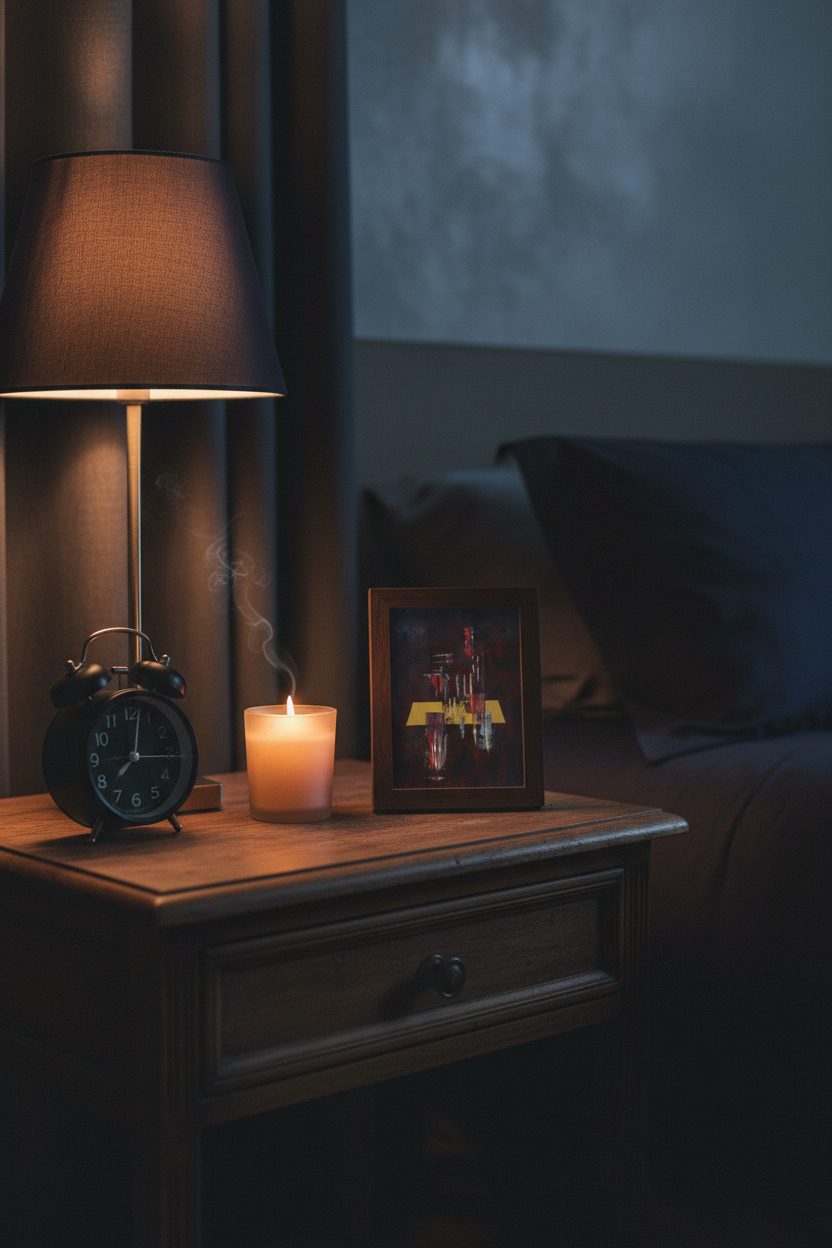 Night art print A6 postcard formaat op nachtkastje