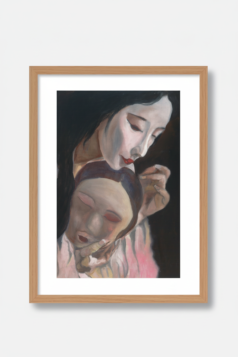 Noh Player Art Print in naturel houten fotolijst