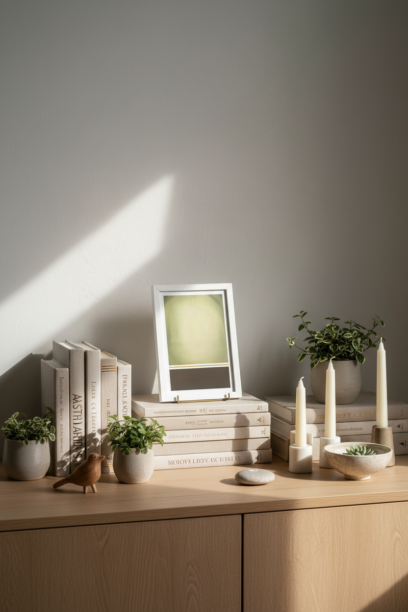 Olive art print A4 op plank met boeken en decoratie