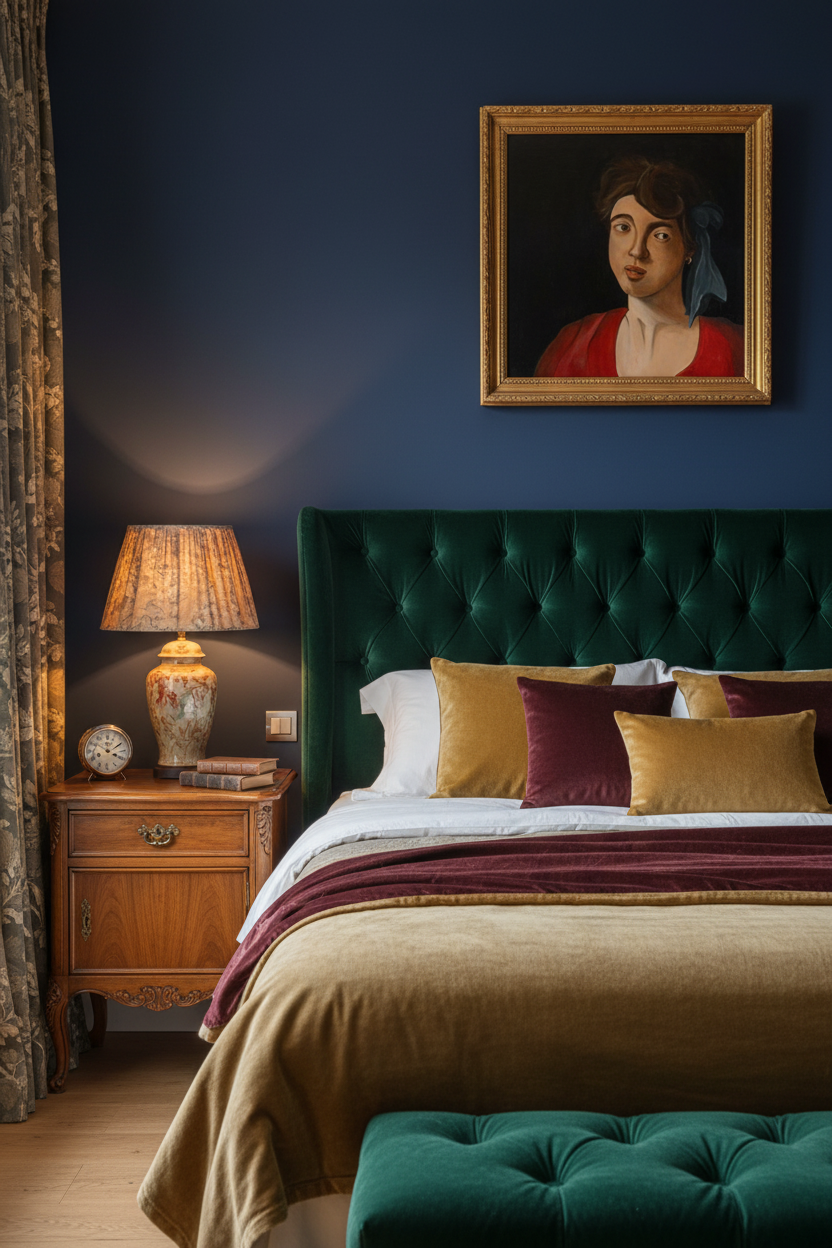 Serena klassiek portret in luxe slaapkamer met fluweel