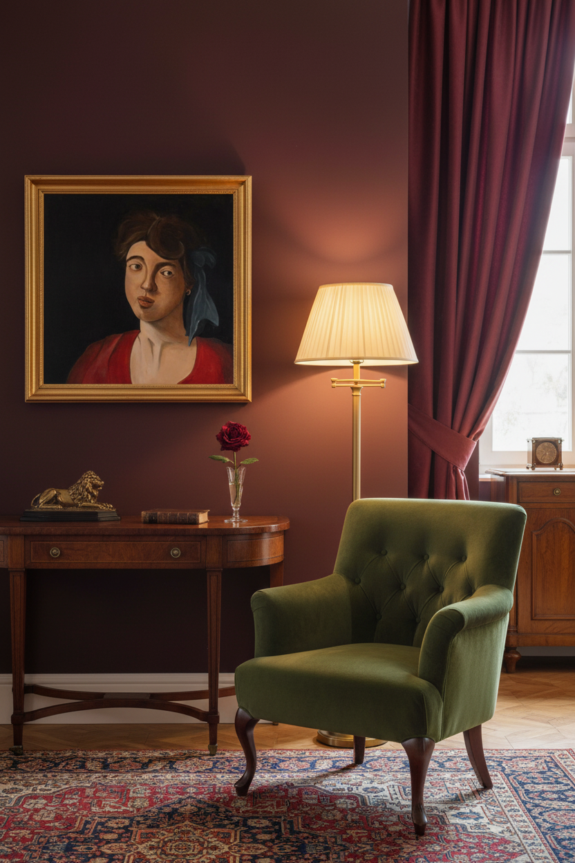 Serena klassiek portret in verfijnde woonkamer met donkere muur