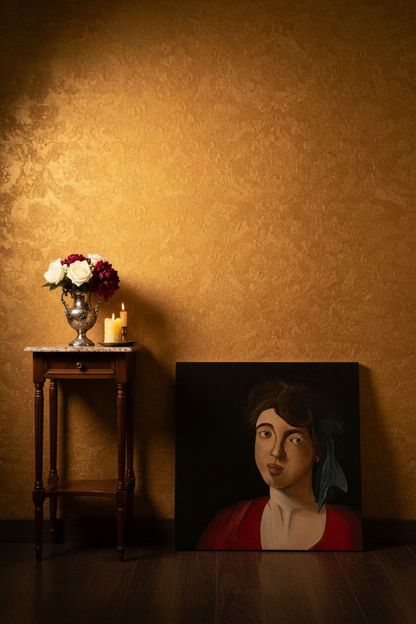 Serena portret leunend in elegant interieur met gouden verlichting