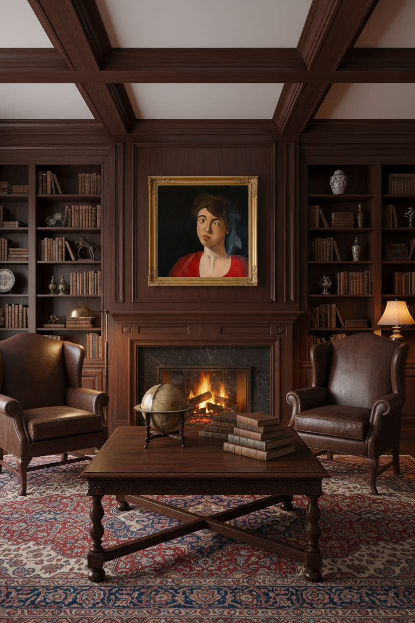 Serena schilderij in klassieke bibliotheek met houten panelen